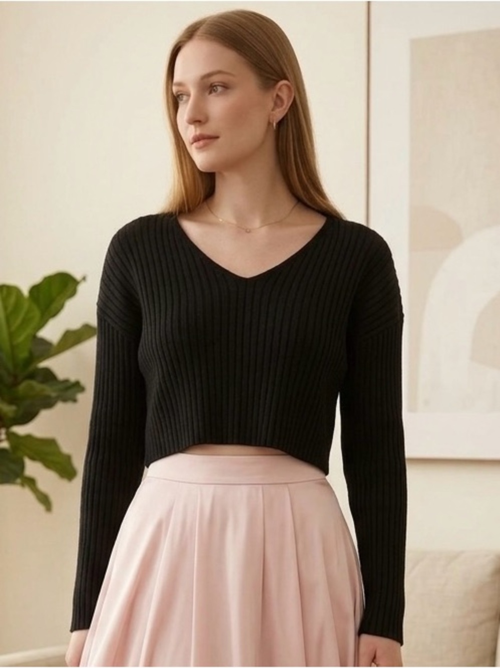 Wild Fable Women’s Black Ribbed Knit V-Neck Long Sleeve Crop Pullover Size M